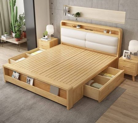 LITFAD Wood Panel Bed Nordic Bed Frame with Headboard Wooden Slats Support Bed Storage Included - Wood Pull-Out Storage Queen